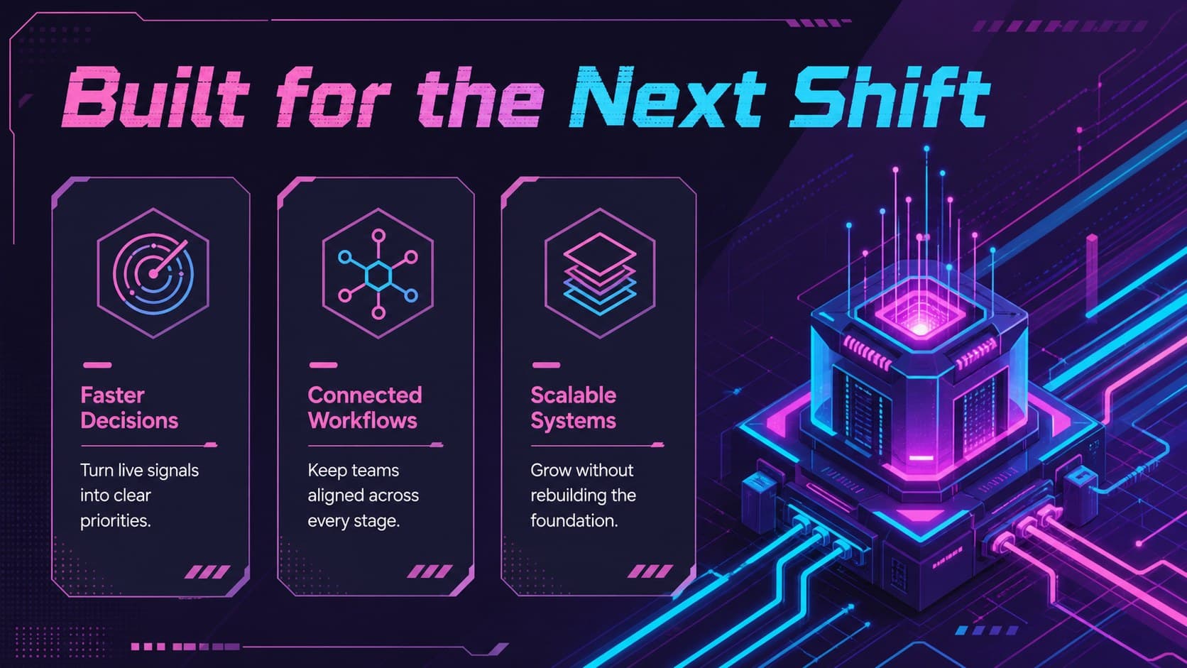 Futuristic startup pitch slide presenting three product advantages with neon interface graphics and an original city illustration.