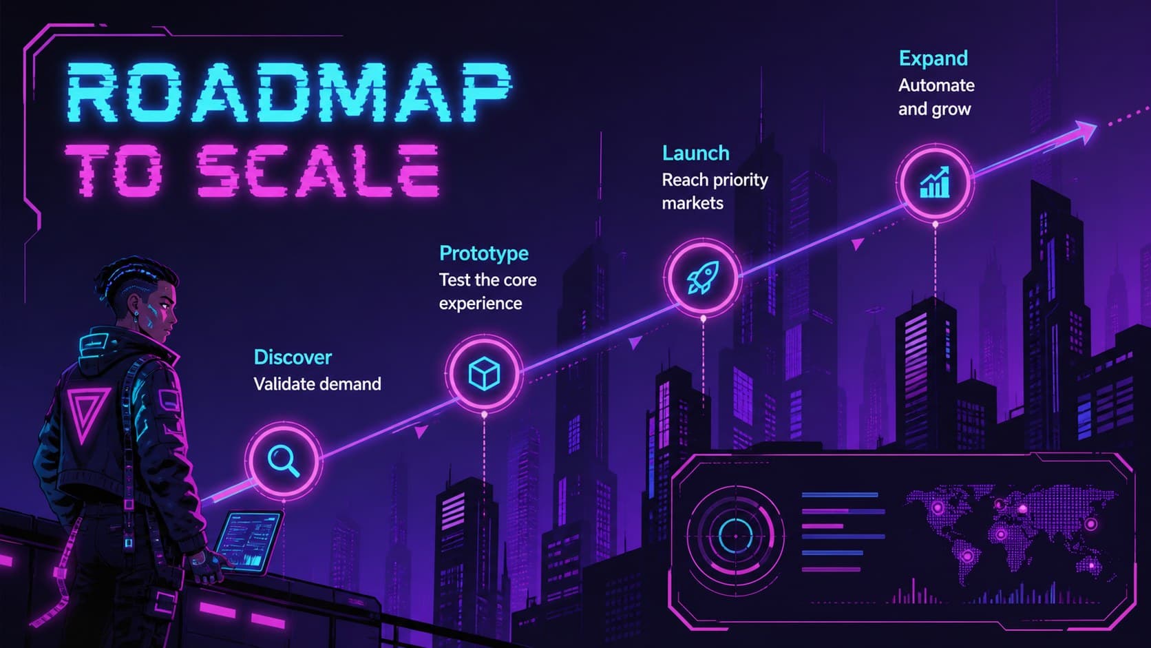 Cyberpunk business presentation roadmap with four glowing milestones moving through a violet and blue digital cityscape.