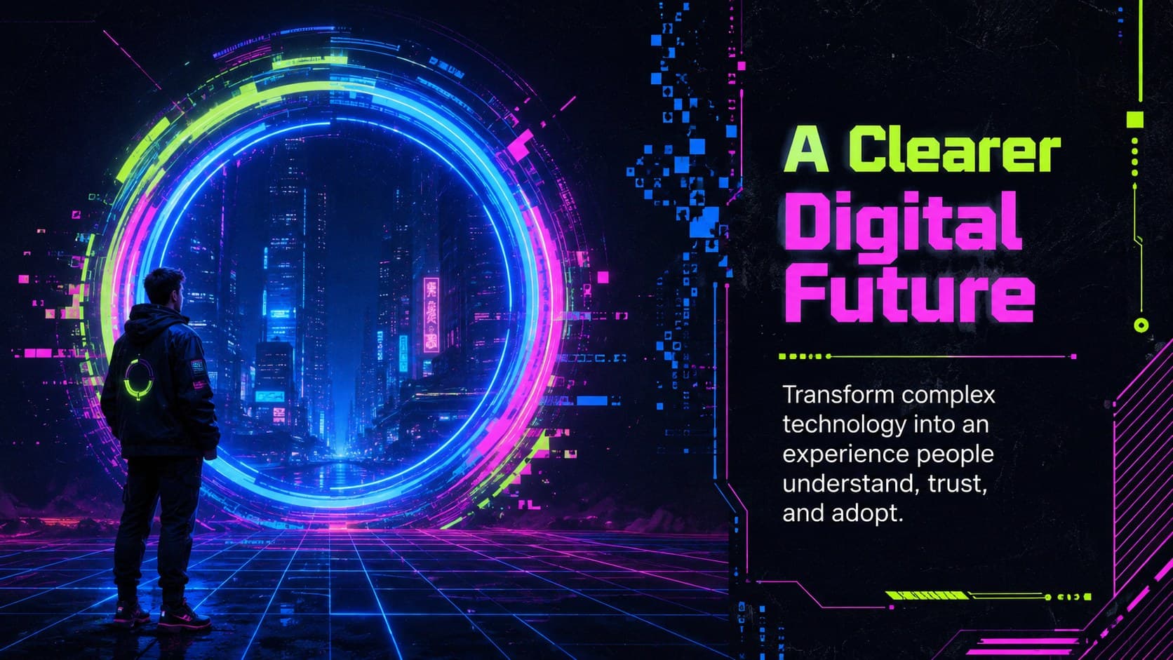 Cyberpunk startup presentation vision slide with a luminous portal and concise strategic statement.