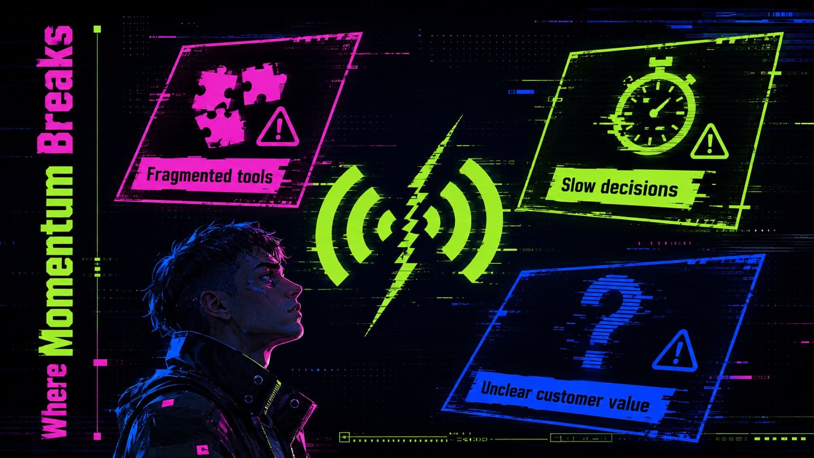 Dark neon business presentation slide mapping three technology adoption challenges.