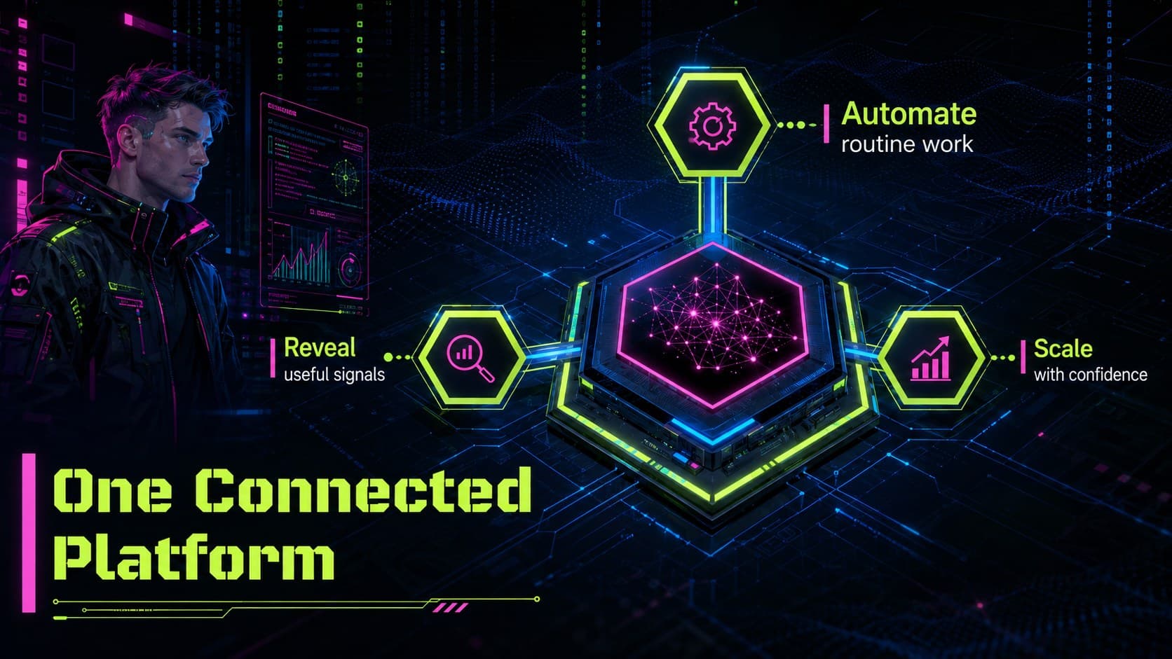 Cyberpunk tech pitch deck solution slide featuring a central platform hub and three connected benefits.