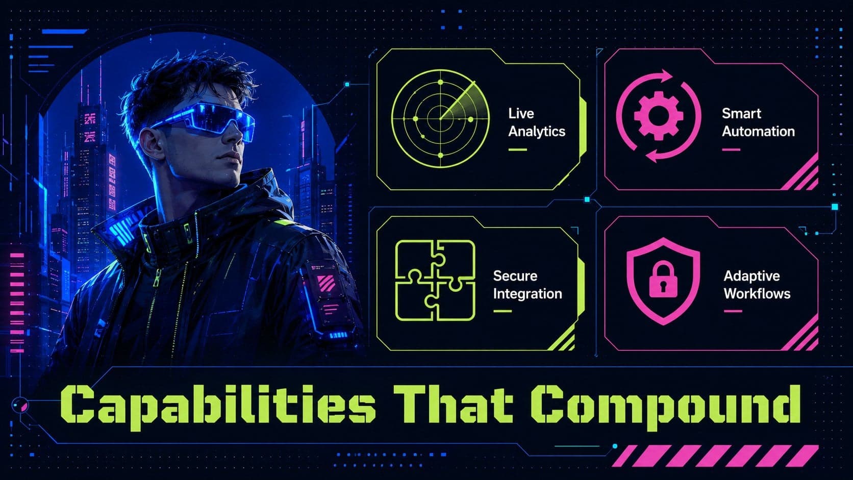 Futuristic AI agency slide presenting four product capabilities in colorful neon interface panels.