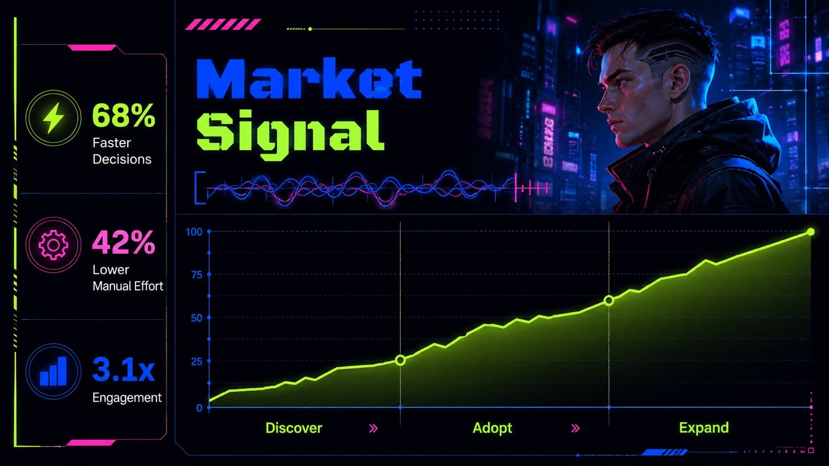 Neon technology pitch deck data slide with a rising line chart and three performance metrics.