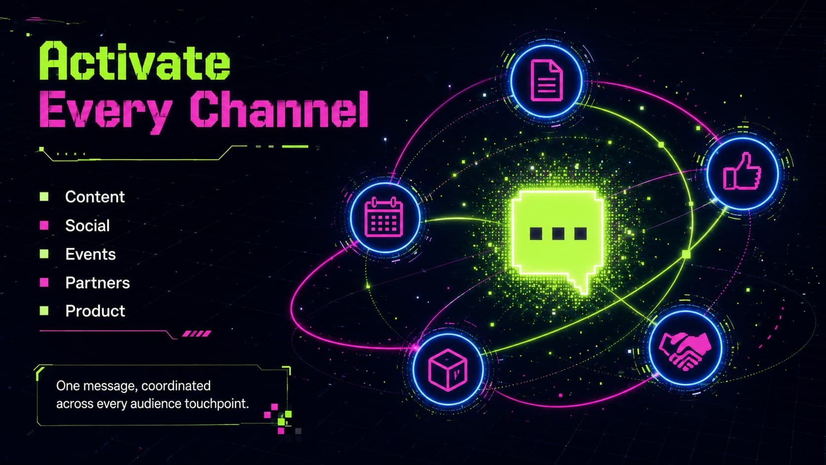 Sci-fi marketing slide template showing an integrated campaign channel constellation.