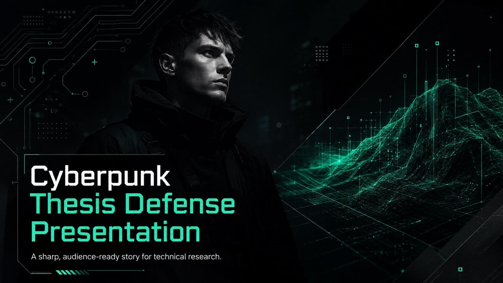 Cyberpunk Thesis Defense Presentation cover with a black background, neon green typography, and abstract digital grid graphics.