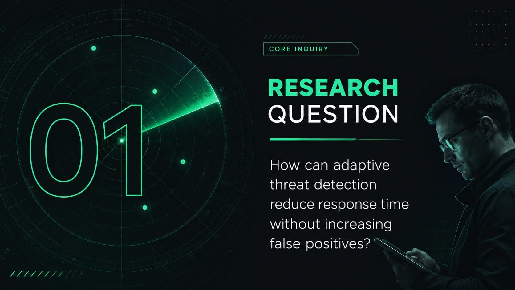 Cyberpunk thesis defense slide introducing a technical research question with neon green highlights and a digital interface motif.