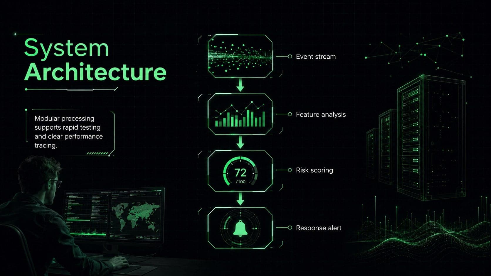 Technical research presentation slide illustrating a system architecture with input, analysis, scoring, and alert stages.