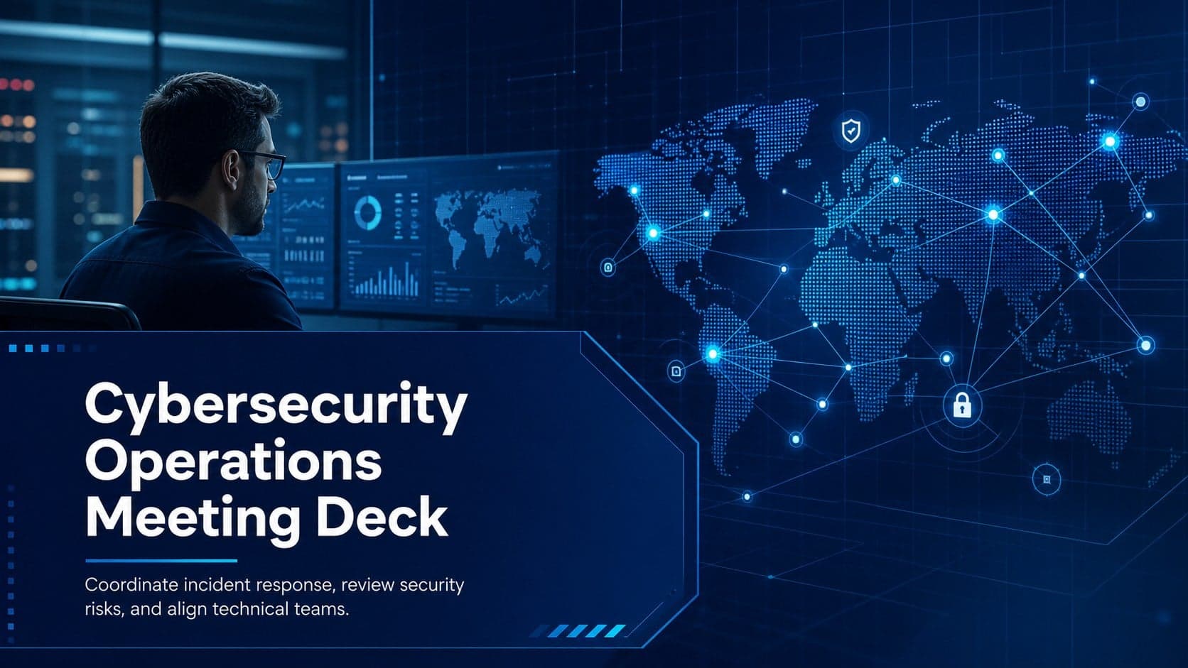 Cover slide for a cybersecurity operations meeting deck with a blue technical background and a bold security briefing title.