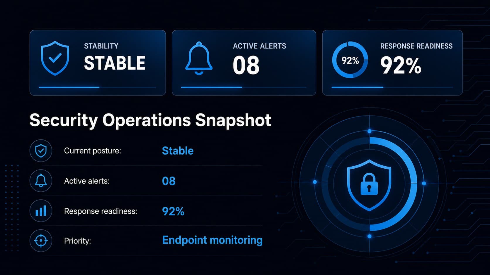 Security operations overview slide showing current posture, active alerts, and response readiness.