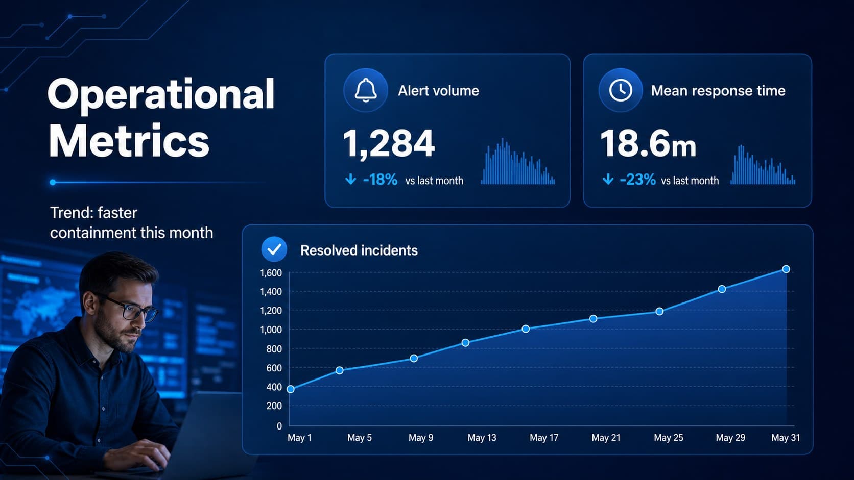 Security metrics slide with blue charts for alert volume, response time, and resolved incidents.