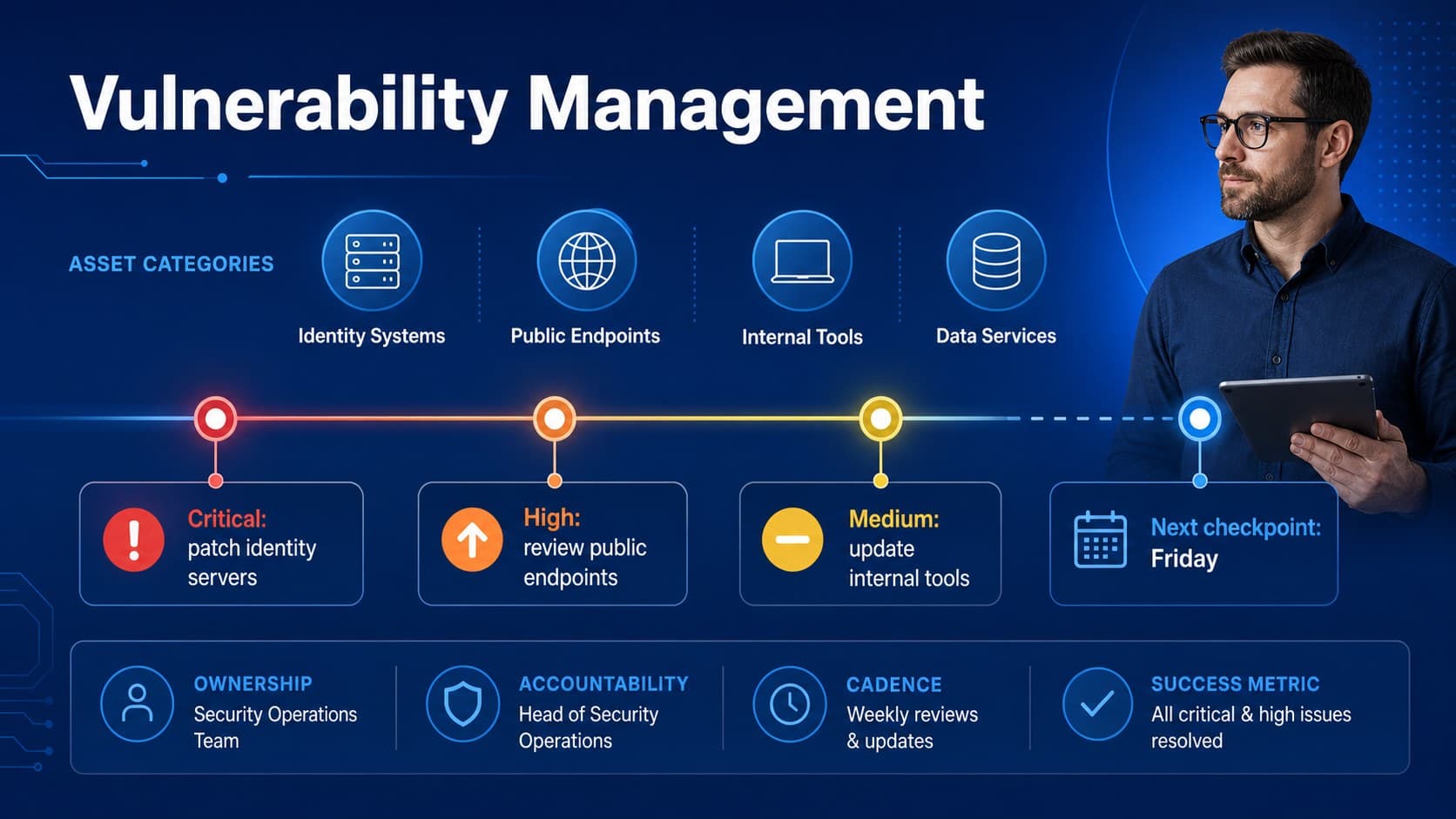 Vulnerability management slide showing a blue prioritized remediation timeline and affected asset groups.