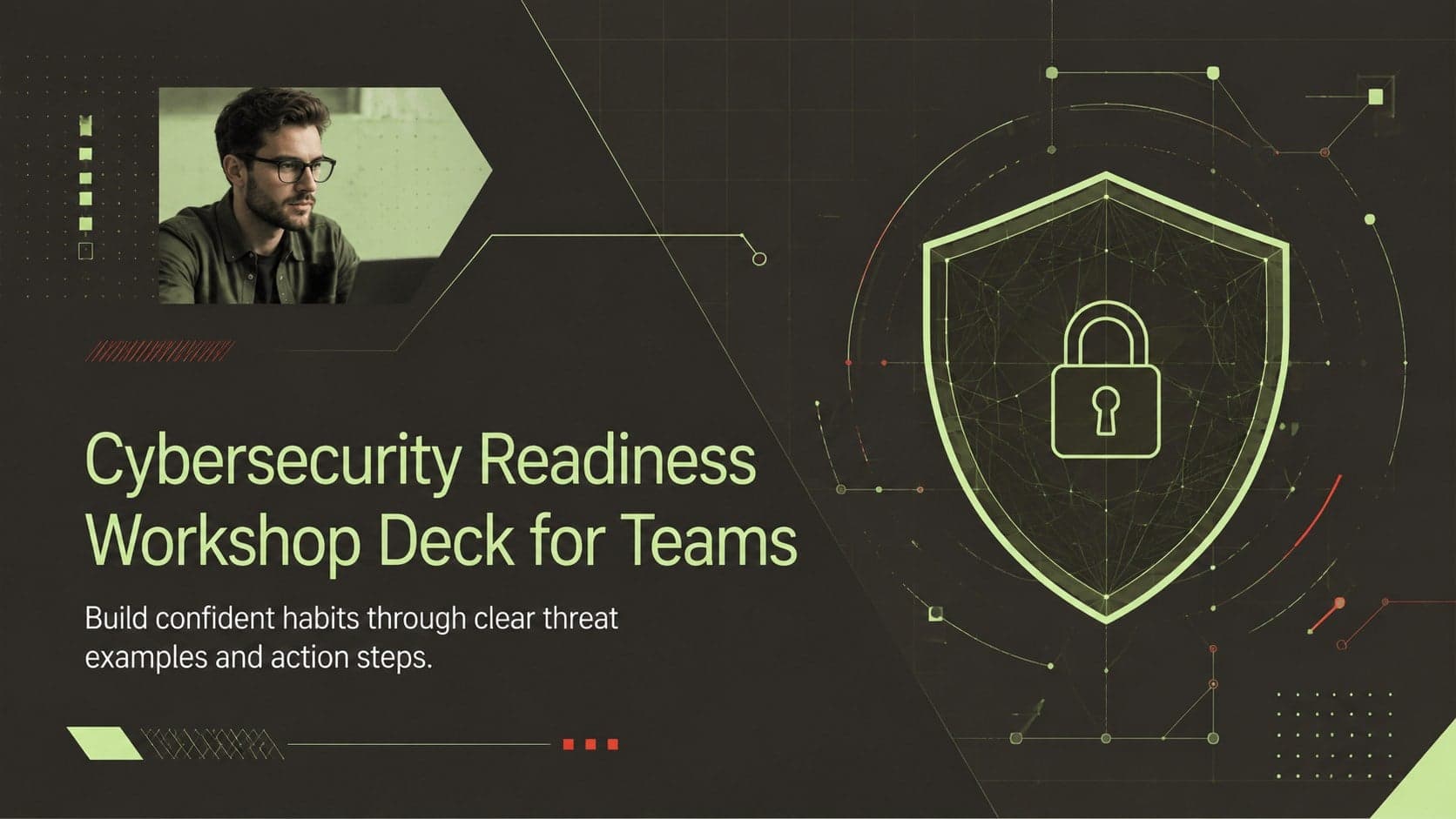 Cover of the Cybersecurity Readiness Workshop Deck for Teams in a futuristic brown, green, white, and red design.