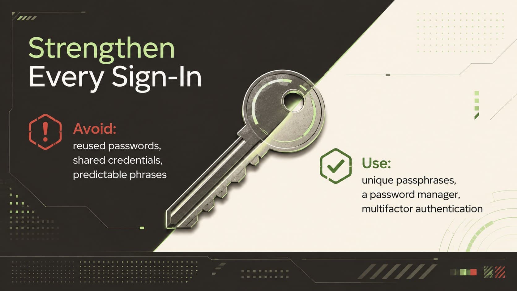 Workplace password safety training slide comparing weak access habits with secure authentication practices.