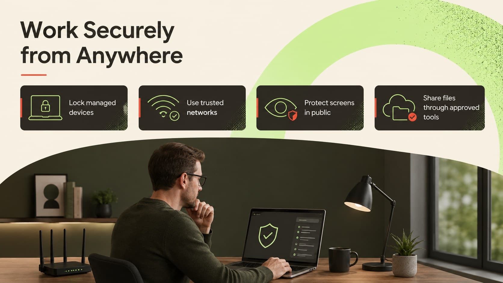 Remote work data protection presentation with guidance for devices, networks, screens, and file sharing.
