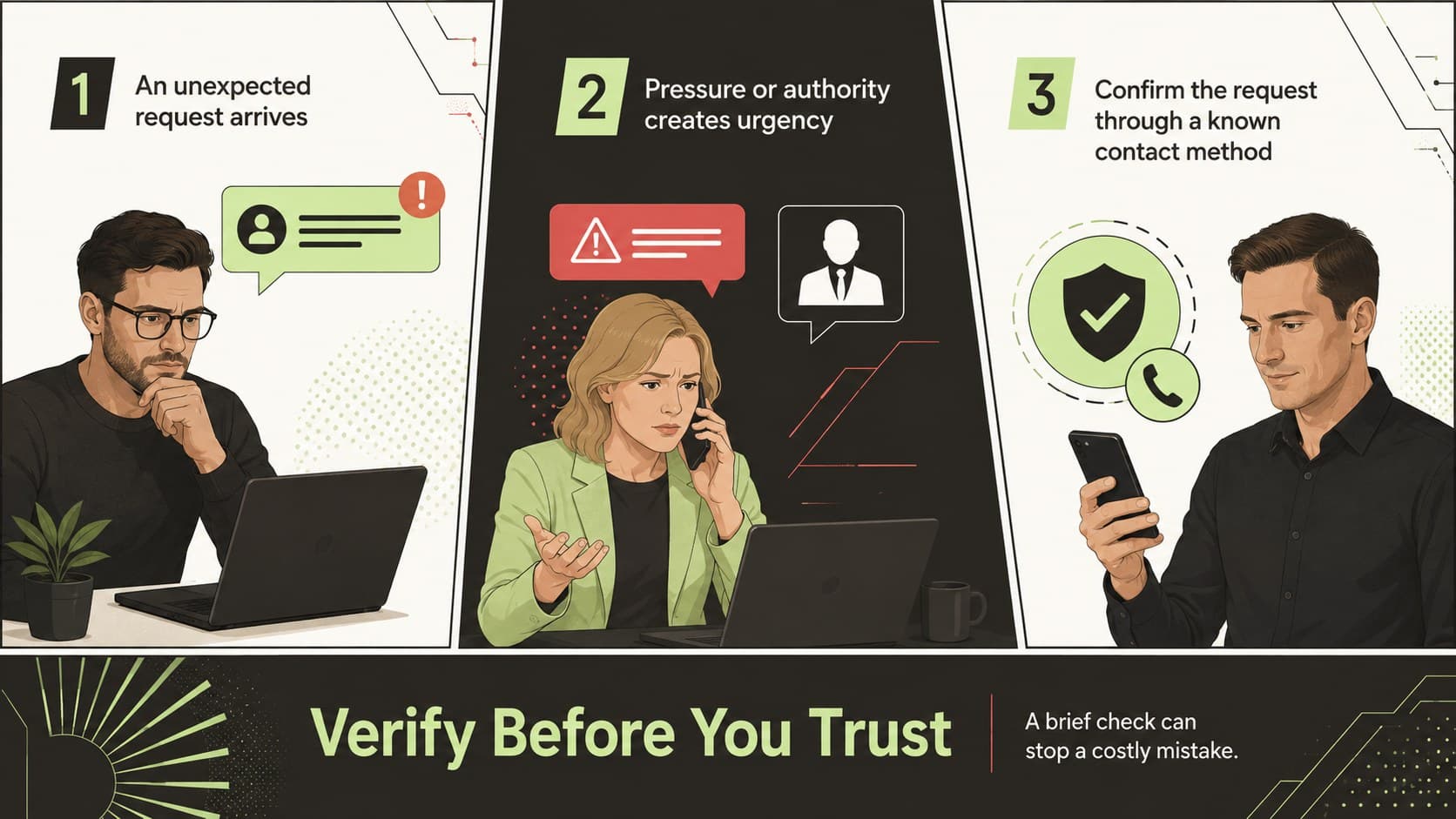 Social engineering awareness slide showing how employees can verify unexpected workplace requests.