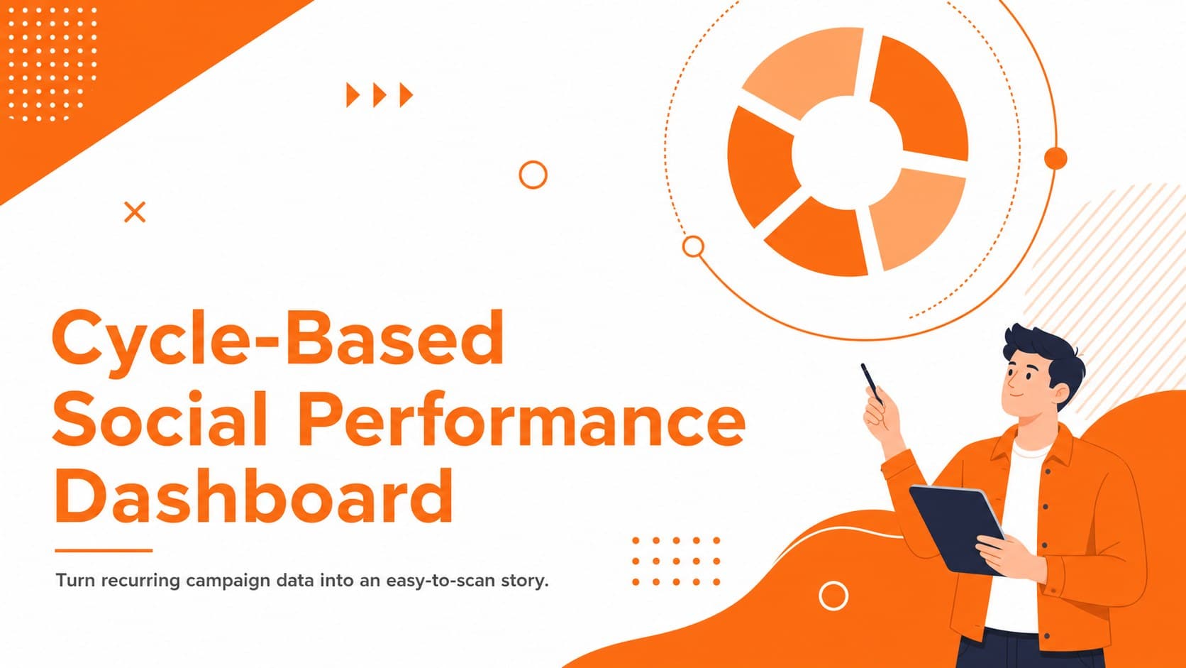 Orange and white cover for a cycle-based social performance dashboard with bold Memphis-inspired graphics.