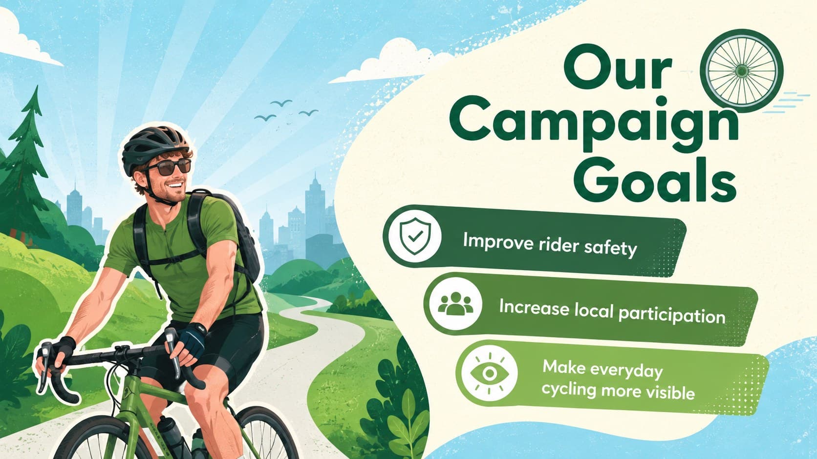 Cycling campaign overview slide outlining safety, participation, and community goals.