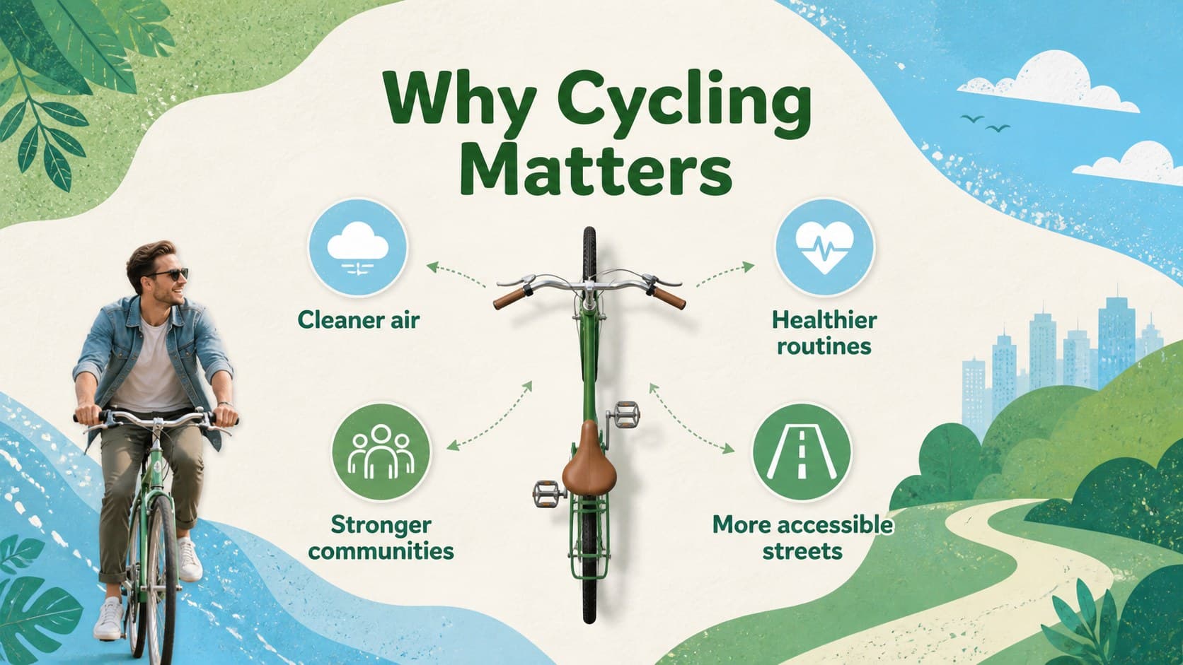 Green and blue presentation slide explaining the health and community benefits of cycling.