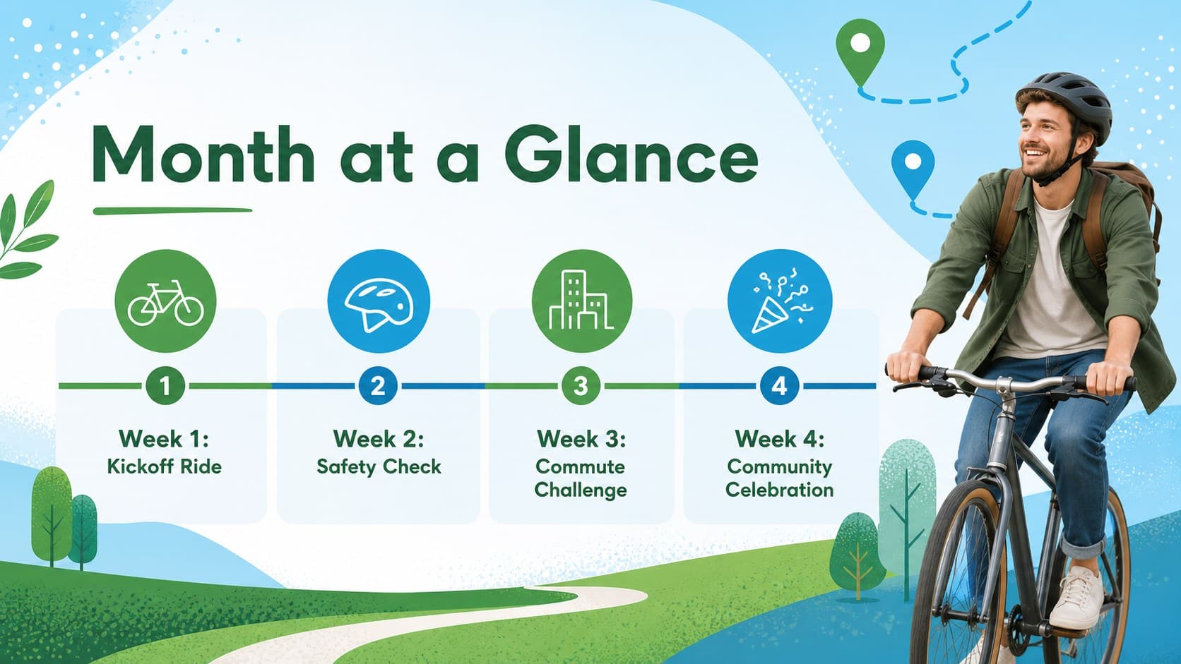 National Bike Month campaign calendar with weekly cycling activities and milestones.