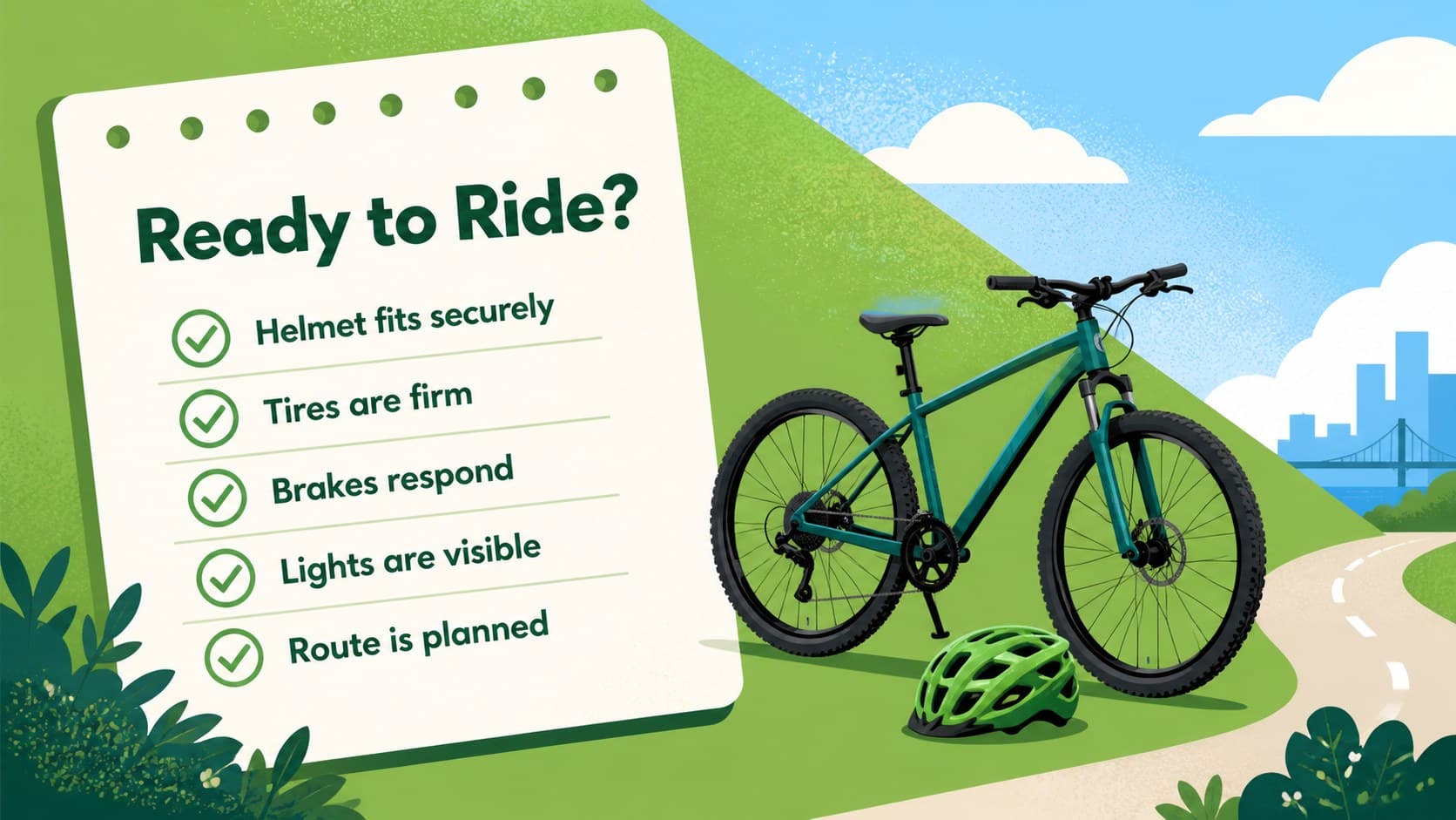 Cycling safety awareness presentation slide featuring a pre-ride equipment checklist.