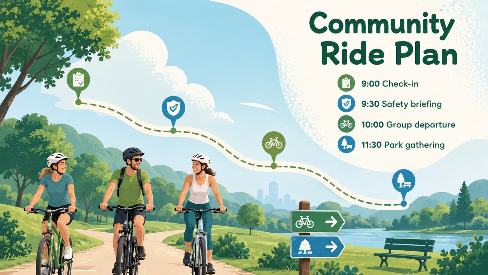 Community bike event slide deck layout presenting a group ride itinerary.