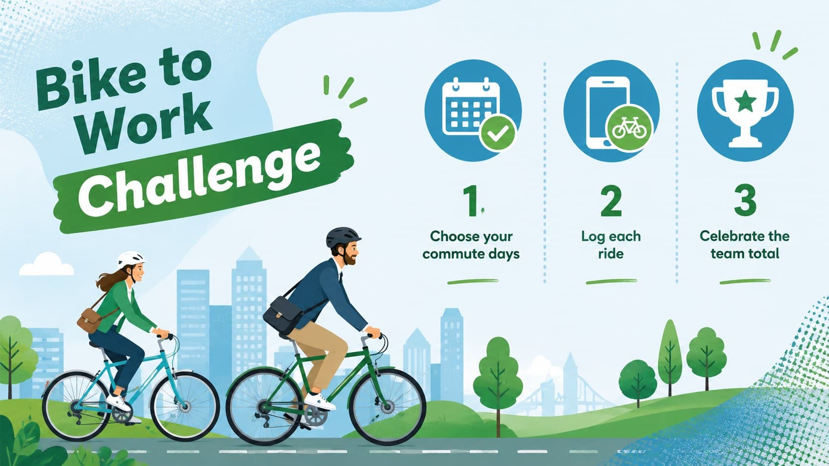 Bike-to-work campaign slide showing a three-step commuter participation challenge.