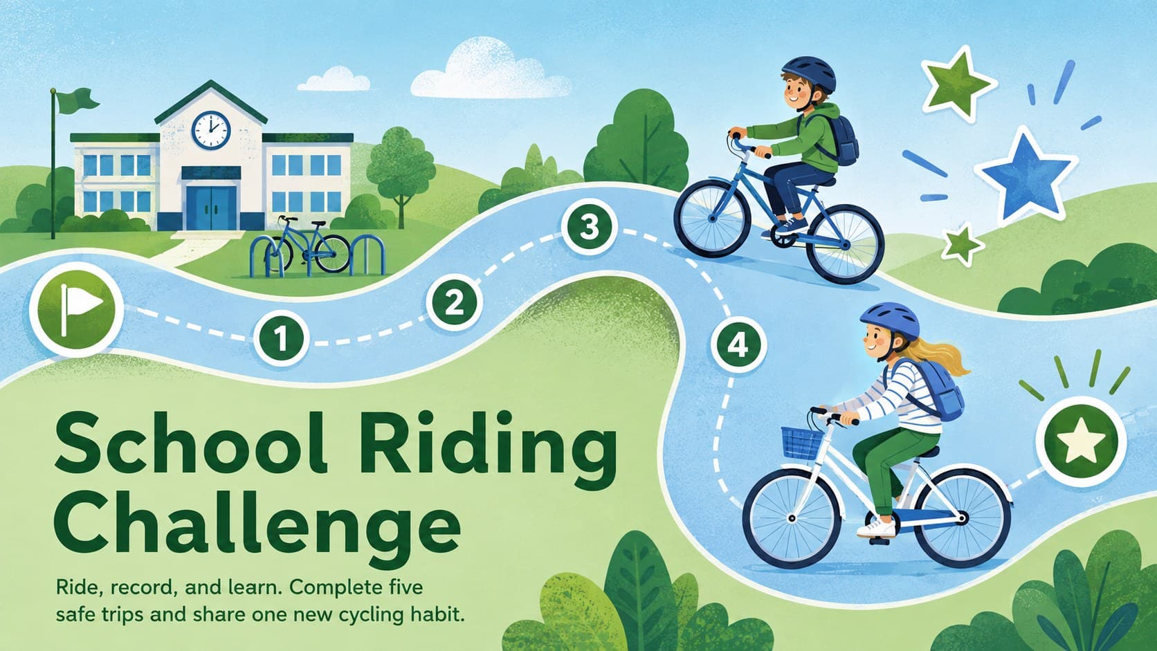 School cycling education presentation slide with a student riding challenge.