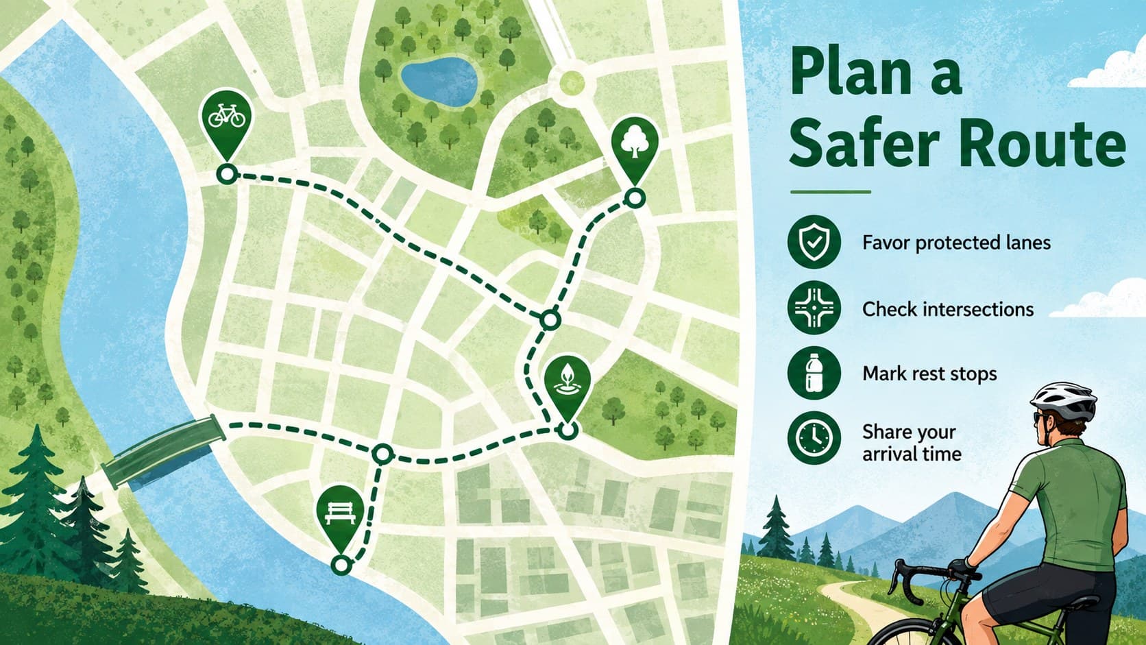 Active transportation outreach slide with a simplified route-planning diagram.