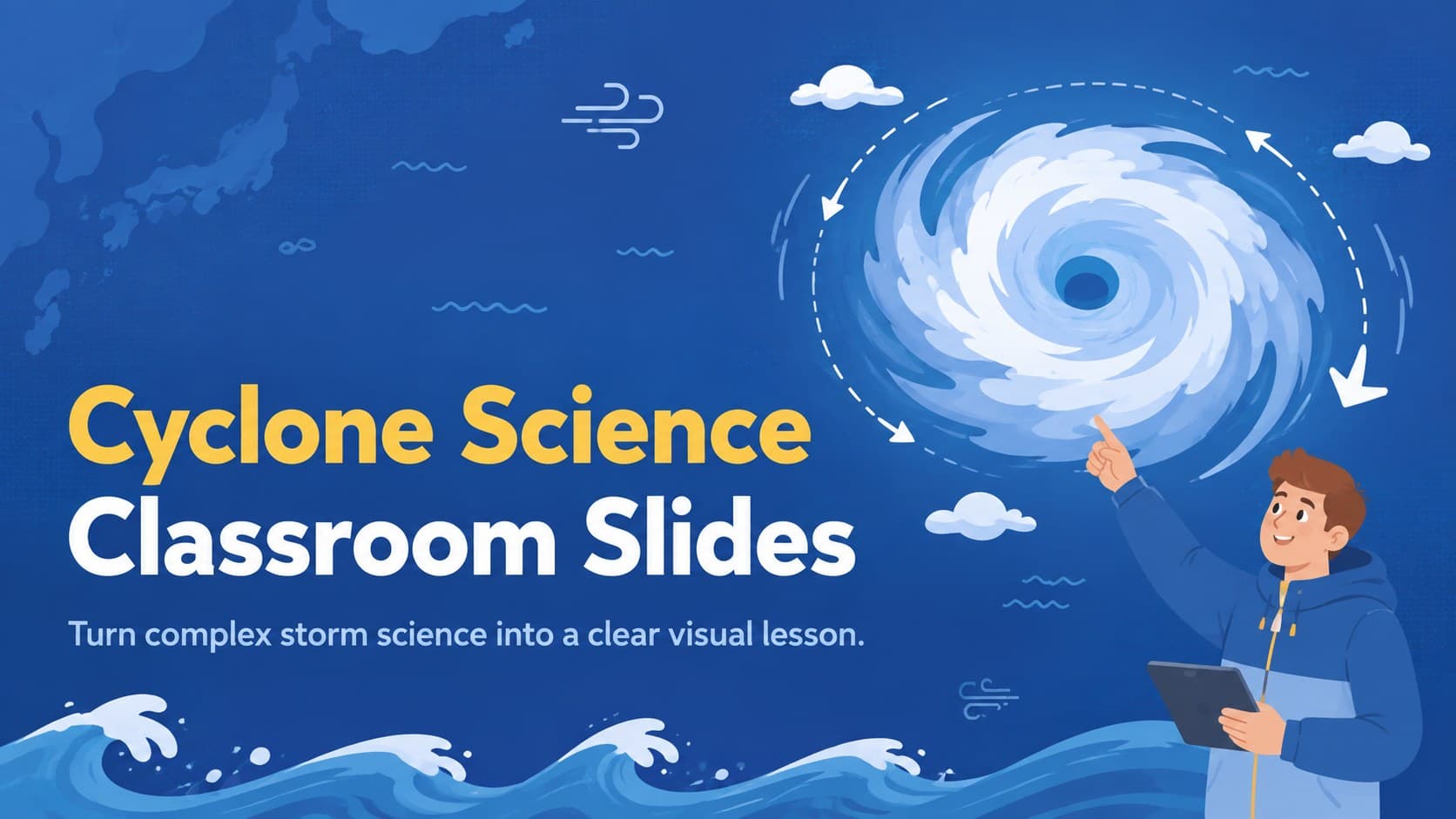 Blue illustrated cover for Cyclone Science Classroom Slides featuring a stylized rotating storm over the ocean.