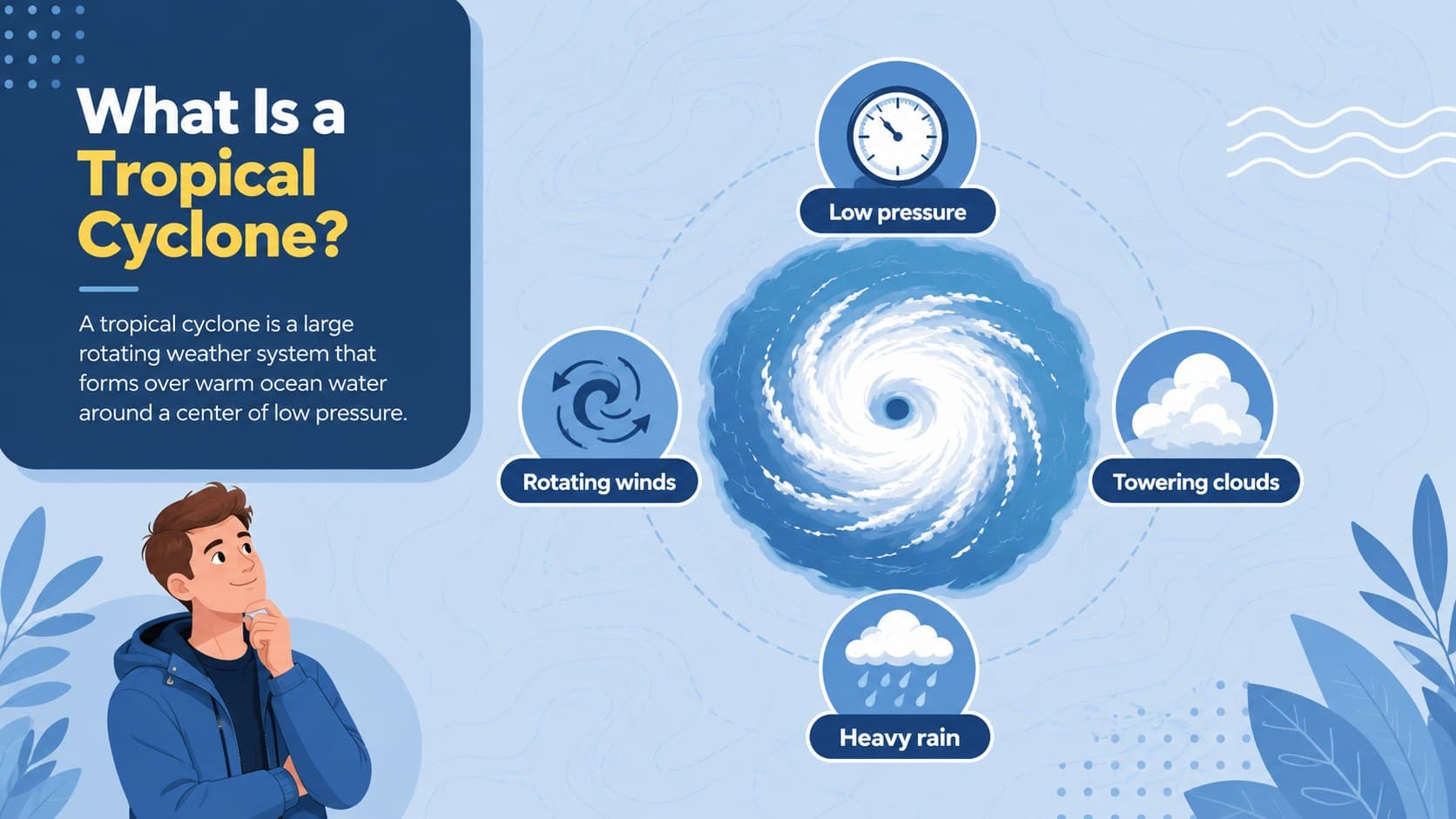 Illustrated cyclone definition slide explaining low pressure, rotating winds, clouds, and heavy rain.