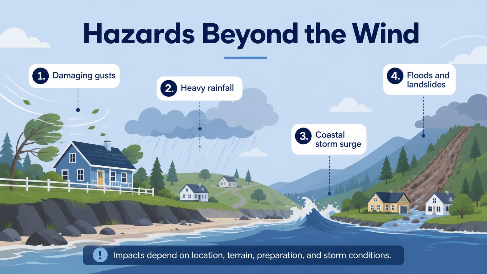 Weather hazards presentation for students showing wind, flooding, storm surge, and landslide risks.