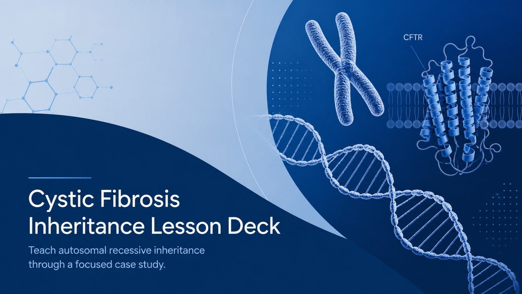 Blue cover for a Cystic Fibrosis Inheritance Lesson Deck featuring a CFTR gene and chromosome motif.