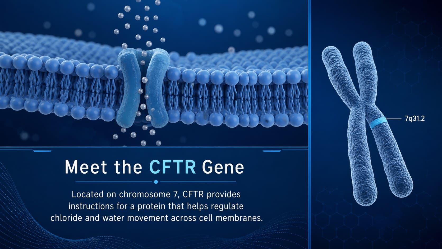 CFTR gene mutation presentation slide showing chromosome 7, a cell membrane, and chloride movement.