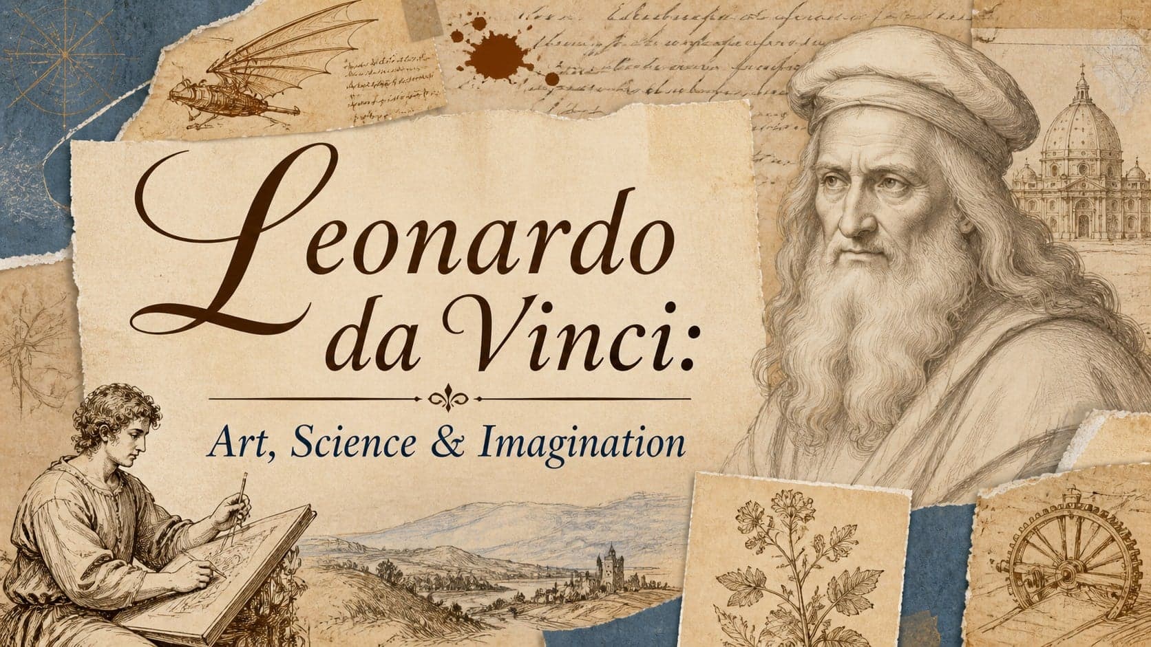 Cover of a Da Vinci Renaissance learning deck with a sketched portrait, aged paper, and blue archival accents.