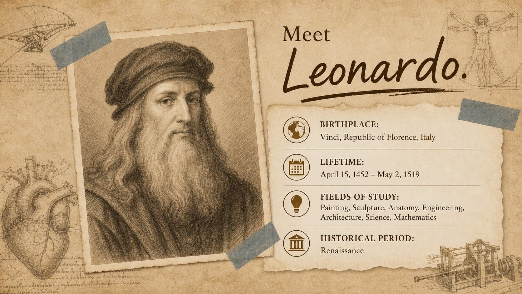 Introductory Leonardo da Vinci classroom presentation slide featuring a portrait and concise profile facts.