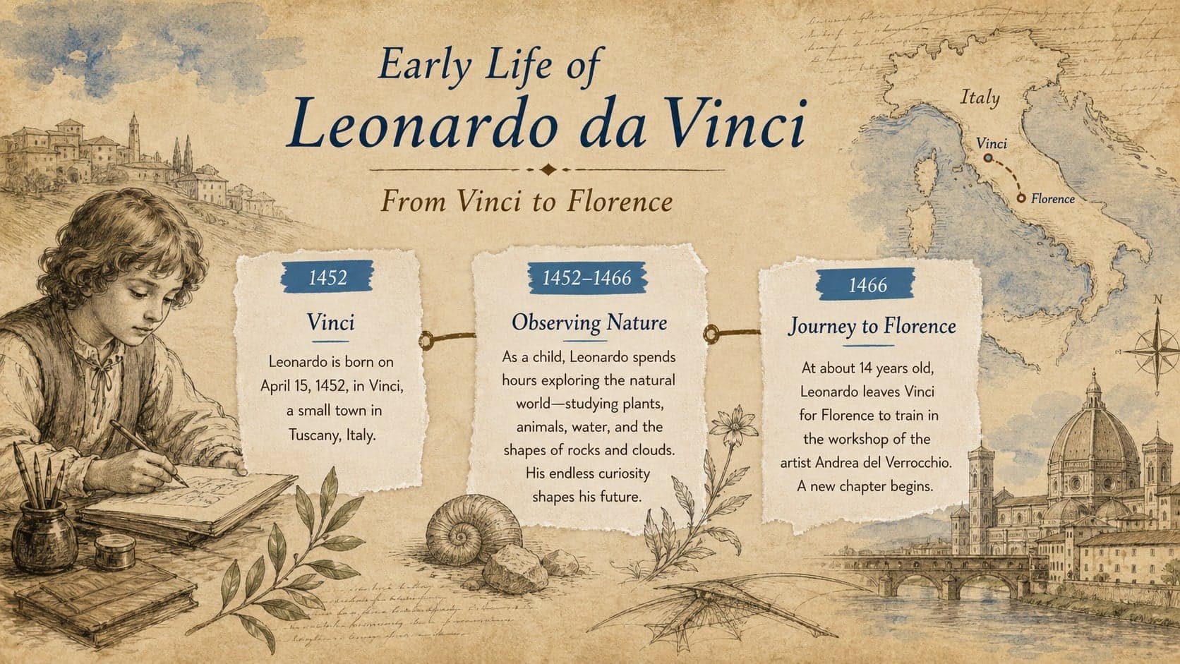 Da Vinci early life timeline slide tracing his childhood in Vinci and move to Florence.