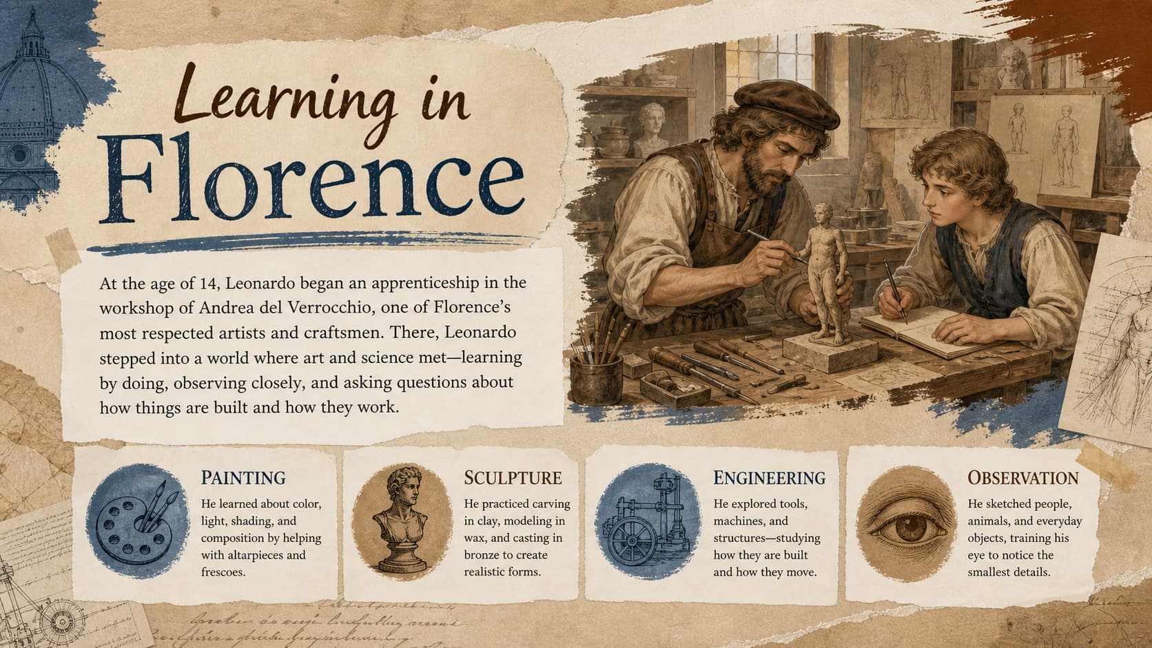 Renaissance inventor lesson slide about Leonardo's apprenticeship in Verrocchio's Florence workshop.