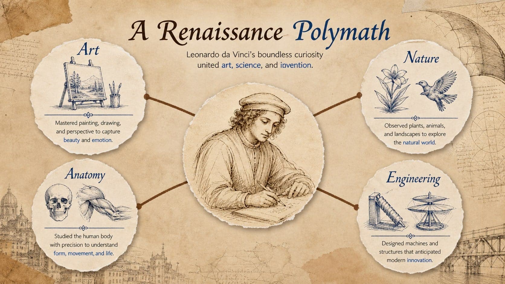 Renaissance polymath presentation slide connecting Da Vinci's interests in art, anatomy, nature, and engineering.