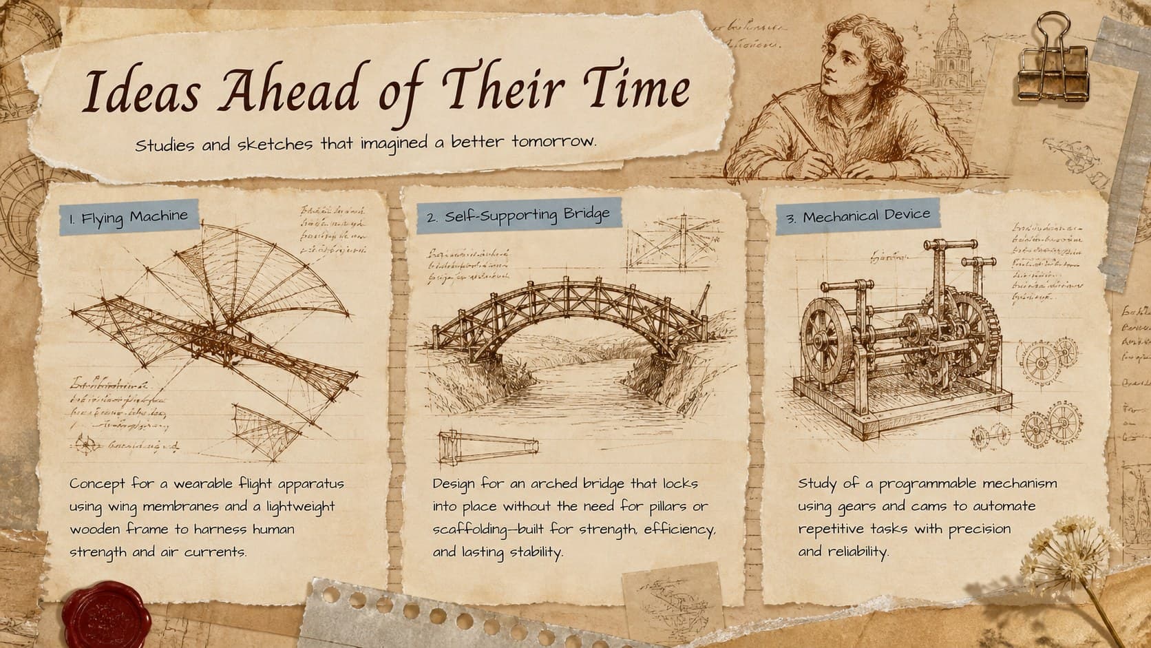 Da Vinci invention slide displaying notebook concepts for flight, bridges, and mechanical devices.