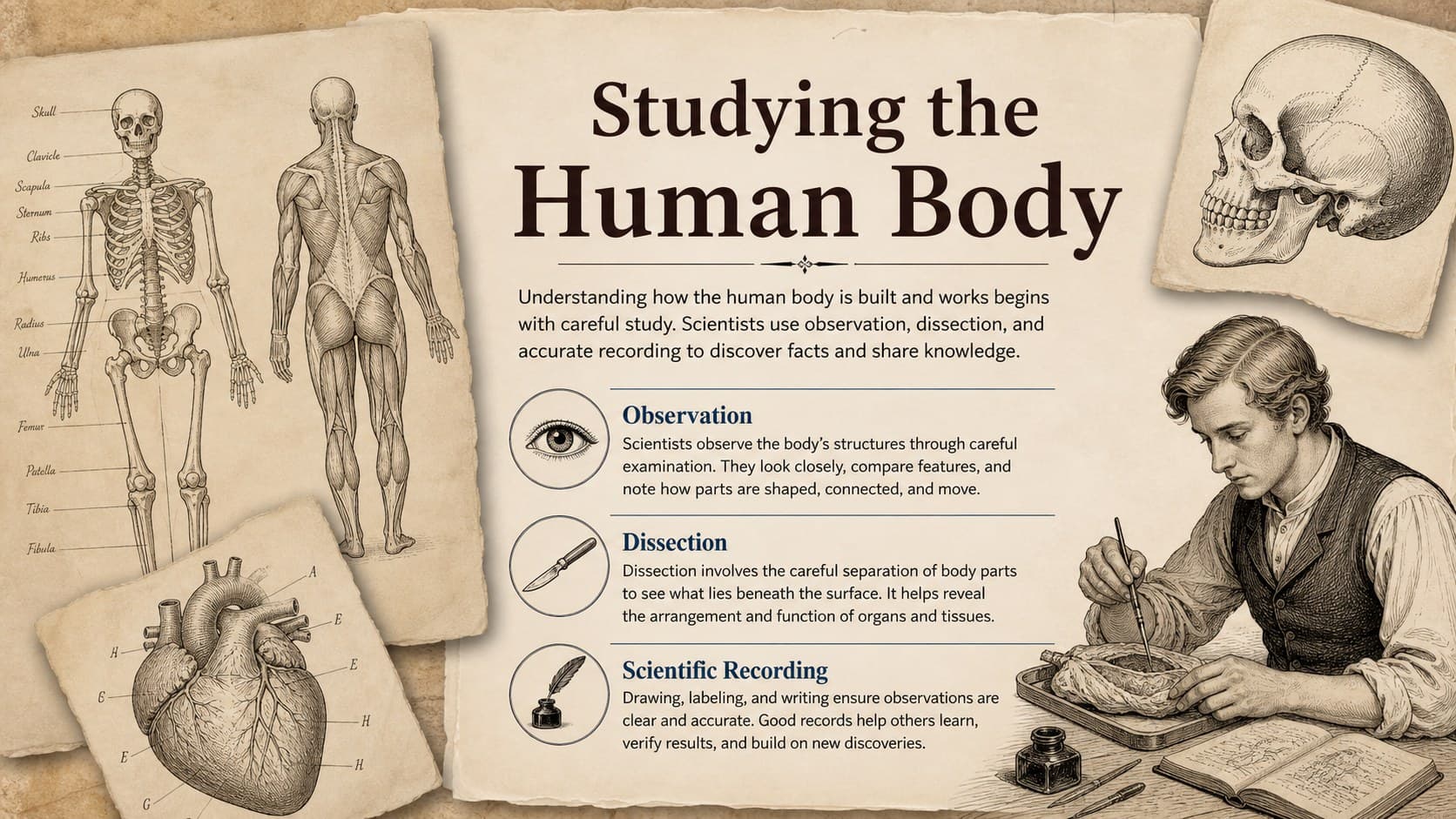 Da Vinci art and science deck slide presenting anatomical studies and observation notes.