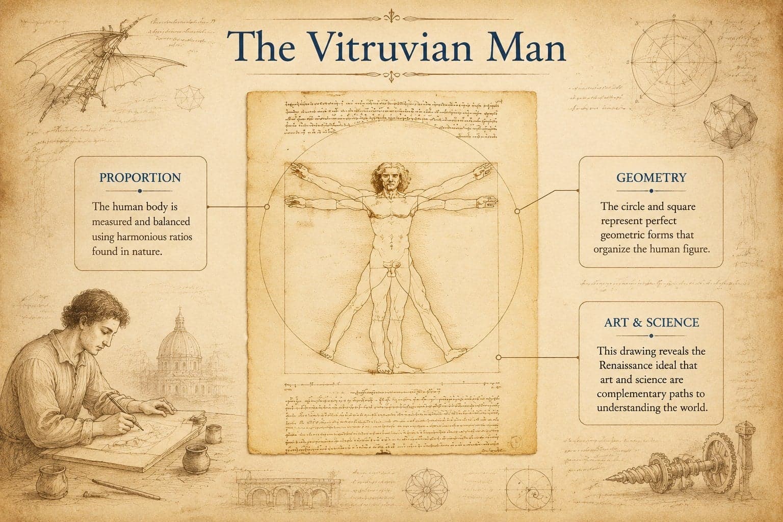 Vitruvian Man lesson presentation slide explaining proportion, geometry, and the union of art and science.