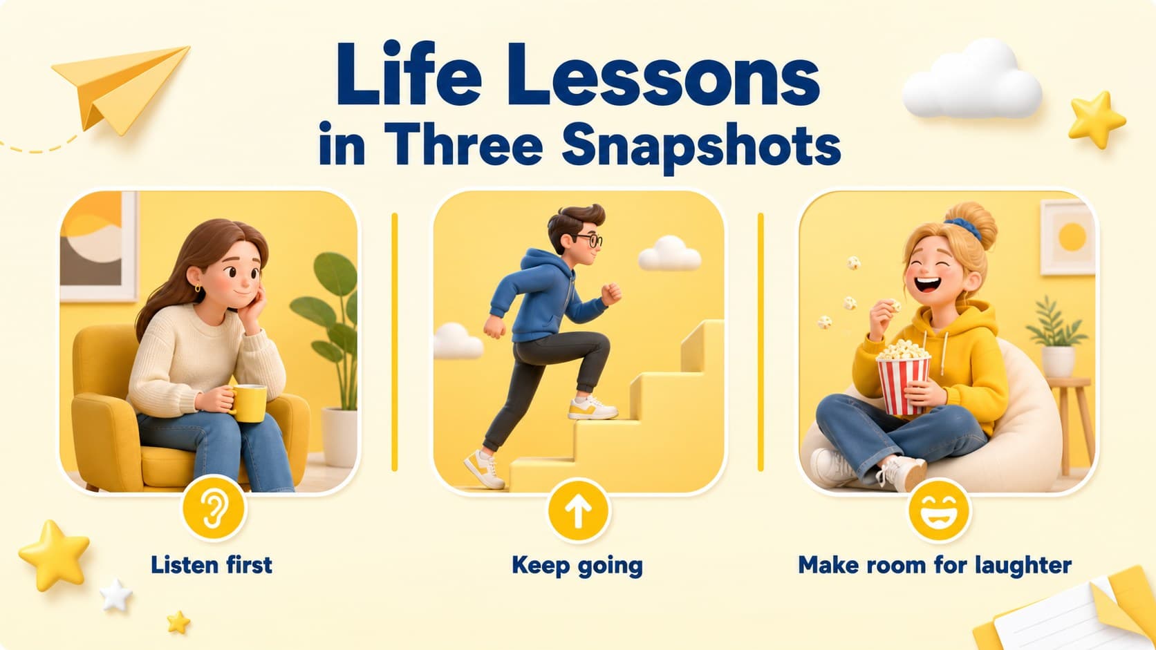 Three-column family memory slide with yellow accents and editable captions for a father celebration.