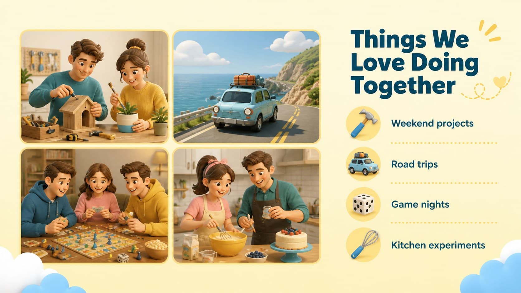 Grid of favorite family activities with yellow 3D icons for a Father's Day slideshow.