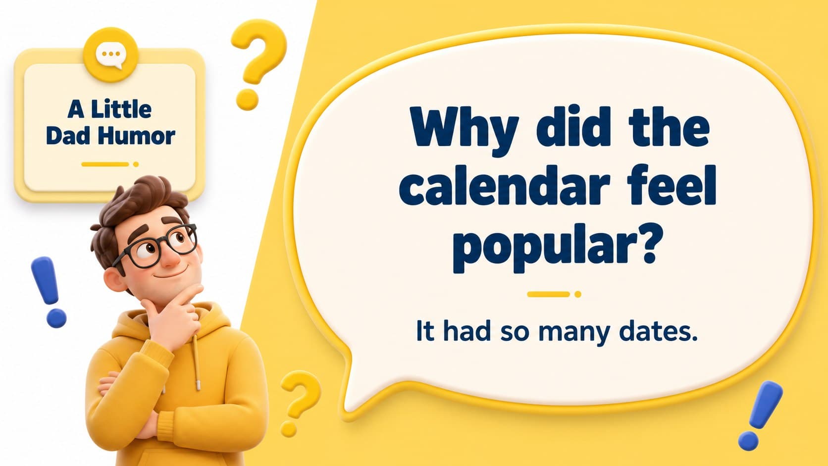 Funny dad joke slide with oversized yellow 3D speech bubbles for a family celebration deck.
