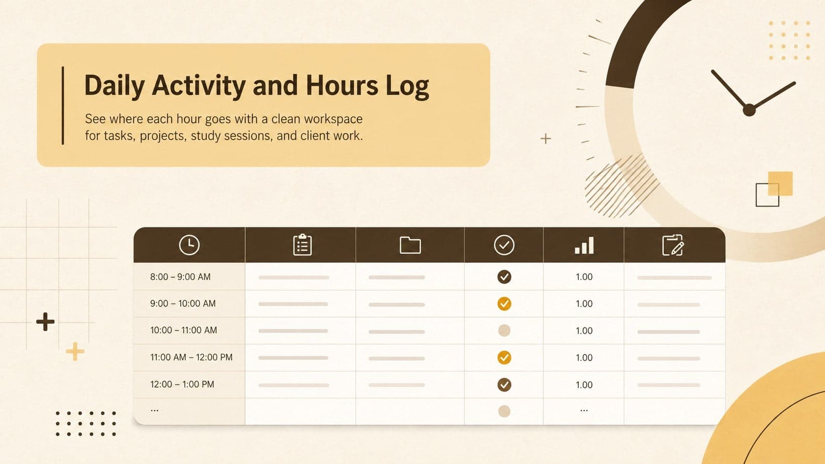 Minimalist Daily Activity and Hours Log cover in a neutral brown and yellow color palette.