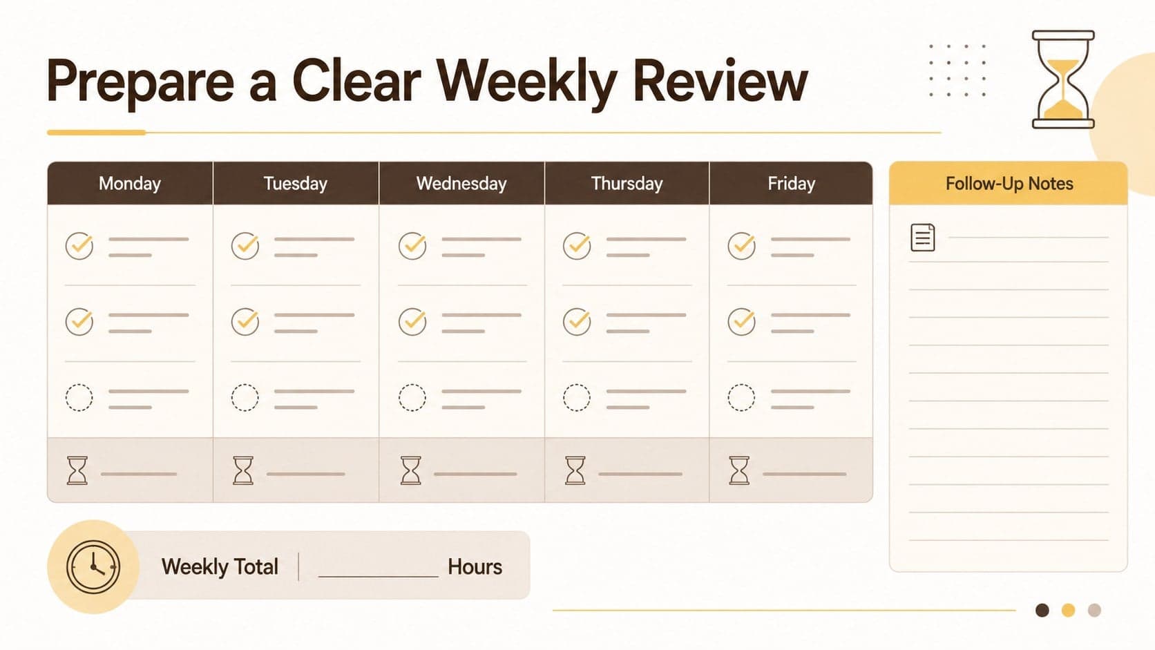 Project time allocation worksheet with daily totals, billing status, and notes for weekly review.
