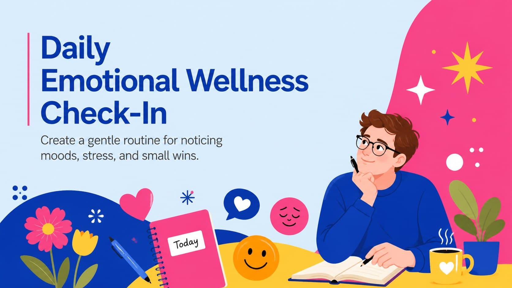 Colorful cover for a Daily Emotional Wellness Check-In with playful self-care illustrations.