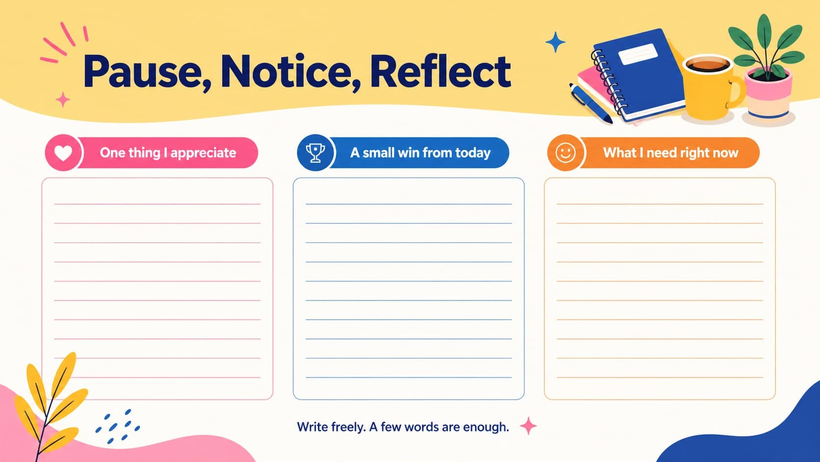 Daily feelings check-in page with gratitude, reflection, and personal win prompts.