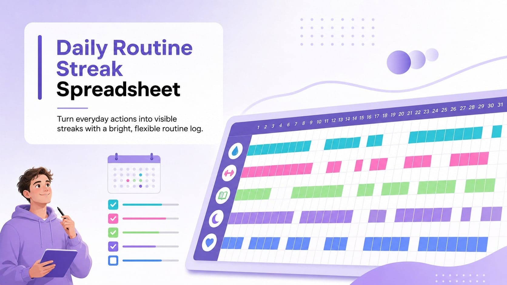 Cover for a daily routine streak spreadsheet with a colorful pastel gradient tracking-grid motif.