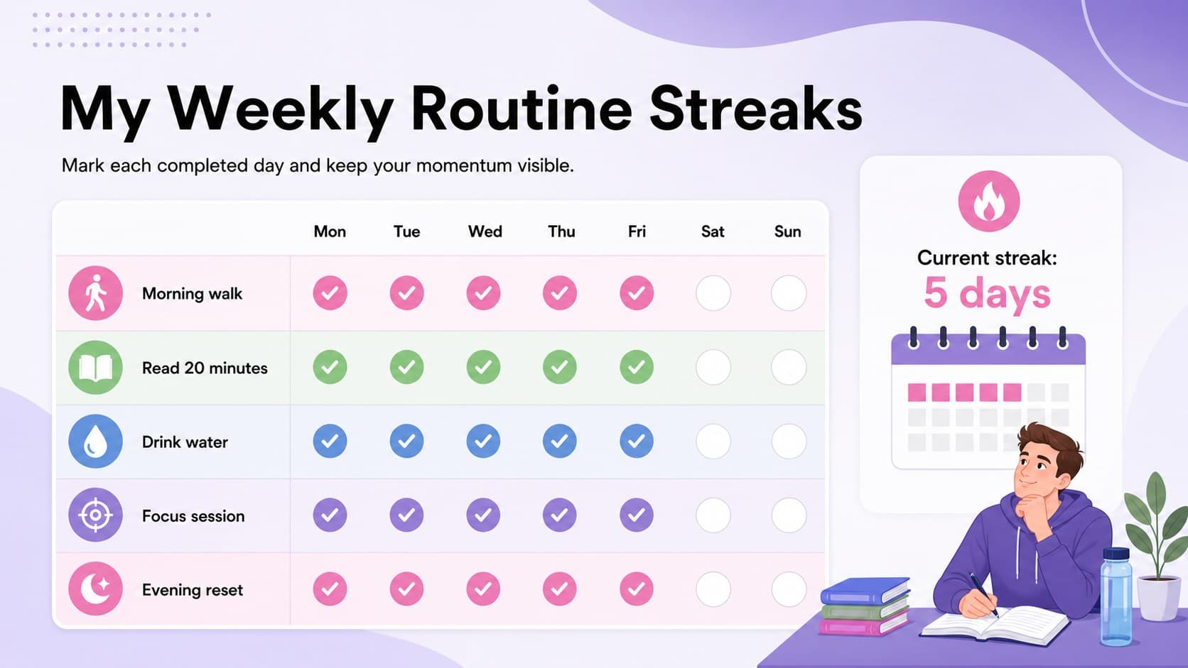 Editable weekly habit streak planner showing routines, daily check marks, and a pastel progress summary.